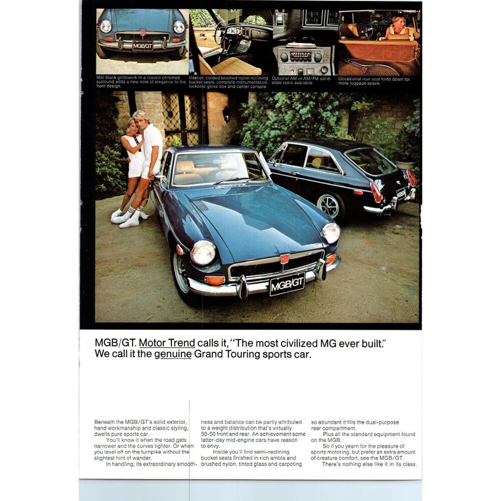 1973 MG MGB/GT Coupe Sports Car Vintage Print Ad Couple Tennis Club Wall Art